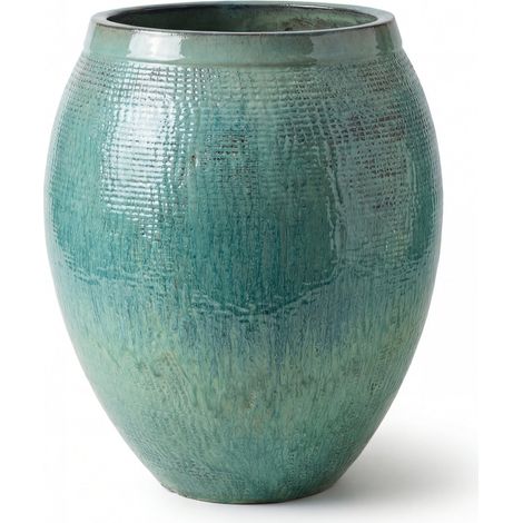 Pot grande taille d'extérieur COCOON 42x53cm bleu océan, fait main en terre cuite émaillée, résistant au gel