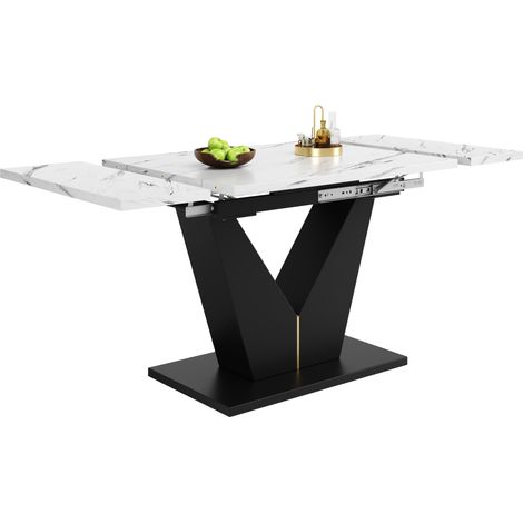 Table à manger extensible 99-159 x 75 x 75 cm, plateau effet marbre blanc, structure métal noir, pieds réglables, style moderne pour salle à manger et bureau - CHICFURN (1/5)