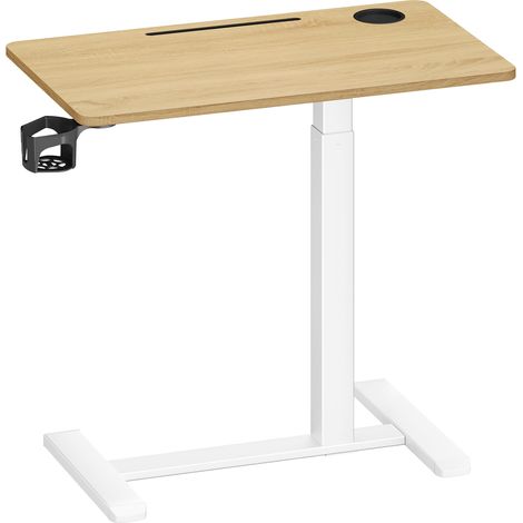 Bureau Réglable en Hauteur, Table Haute, sur Roulettes, Plateau 80 x 45 cm, 2 Porte-gobelets, Couleur Chêne (1/5)