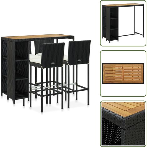 5-tlg. Gartenbar-Set mit Kissen Poly Rattan Schwarz - Gartenbar-Set - Bartisch - Barhocker - Outdoor Furniture - Gartenmöbeln (1/5)