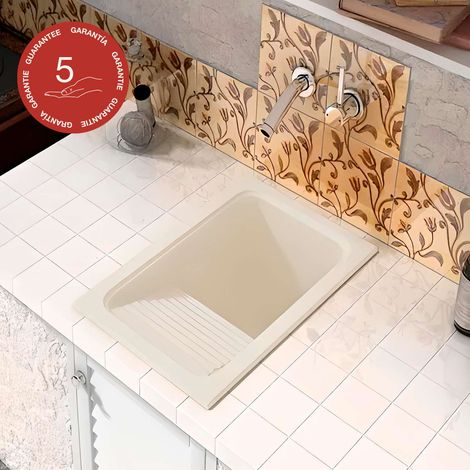 Poalgi – Évier à encastrer 1 bac pour buanderie – Cuve RocStone® antibactérienne – Résistance thermique 130°C – Inclus : bonde et gabarit d'installation (1/5)