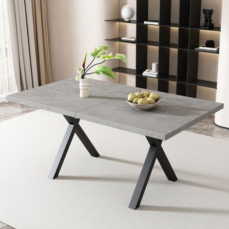 MODFU - Tavolo da pranzo 140 x 80 x 76 cm, gambe incrociate, piano in MDF effetto cemento, metallo, grigio e nero (1/5)