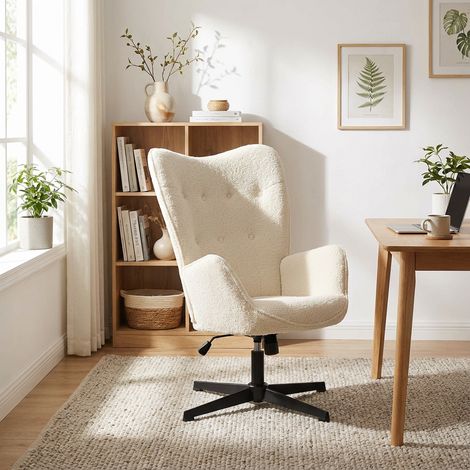 Meubles Cosy FUCHS poltrona da ufficio relax girevole 360° regolabile in altezza, tessuto bouclé bianco, base in metallo nero a croce