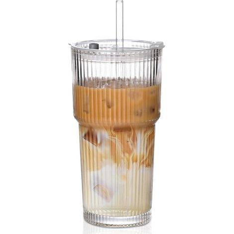 Gobelet en verre côtelé de 590 ml avec couvercle et paille - Gobelet réutilisable pour jus, cocktails, bière, café et eau, lot de 2 (1/4)