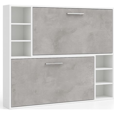 Lit escamotable superposé horizontal 2 couchages 90x180 avec étagères Binka-Coffrage Blanc-Façade Gris ciment (1/5)