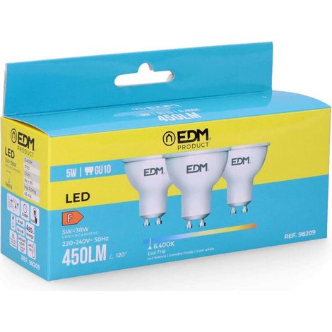 Kit 3 Bombillas LED EDM Dicroicas GU10 5W 450lm 6400K Luz Fría Ø5x5,5cm (1/5)