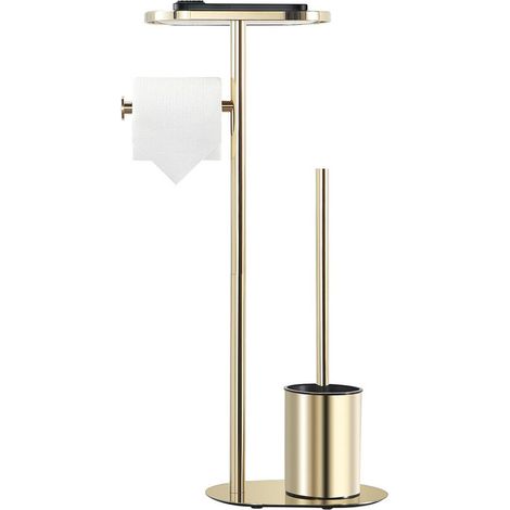 3-in-1-Toilettenbürstenset freistehend mit Toilettenpapierhalter, Badezimmerzubehör aus glänzendem Gold-Edelstahl mit Ablage (1/4)