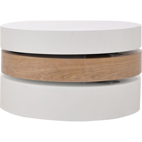 Table basse cylindrique 60x60x35,1 cm avec plateau rotatif 360°, rangement intégré, MDF et placage frêne blanc et bois naturel (1/5)