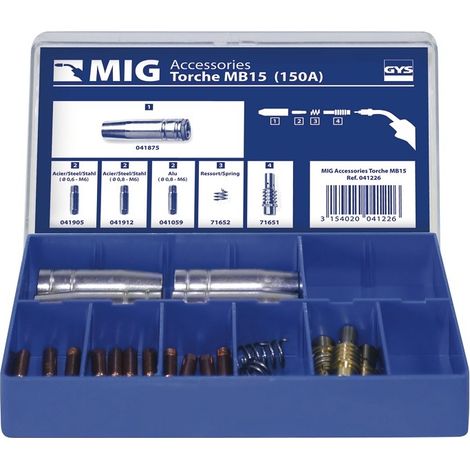 GYS – Kit de soudage MIG MAG 150A – Coffret avec 5 tubes contact Ø0,6/0,8 M6 acier/inox – 3 buses 150A – 41226