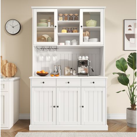 Aparador alto (120x40x191 cm), con puertas de cristal, colgador para copas, tomas integradas, tablero de partículas blanco