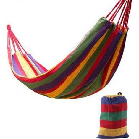 Portable Double Camping Hammock with 2 Tie Straps, Colorful Striped Fabric for Indoor and Outdoor Use, Red (1/5)