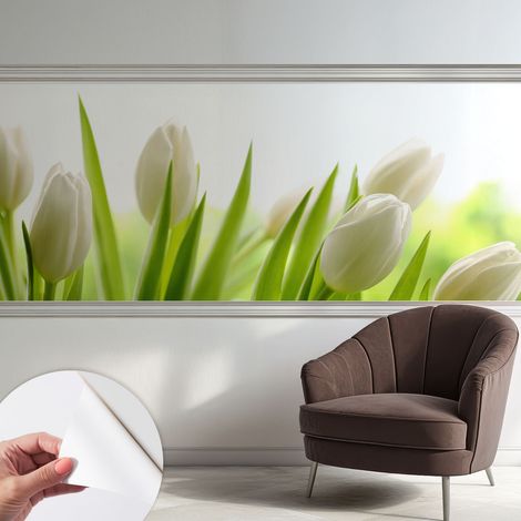 Selbstklebend Tapete modern - Wanddeko für Küche - Klebefolie Wand - luxus Look Weiße Tulpen 250x104 cm (1/5)