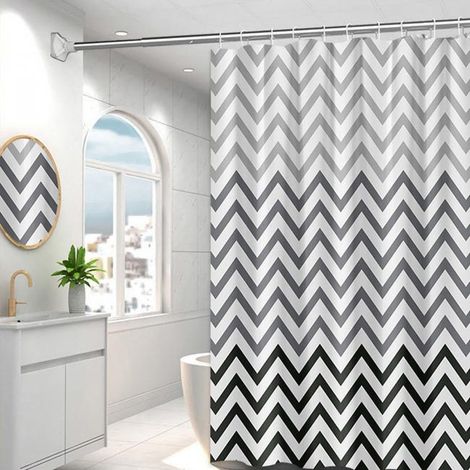 Rideau de douche à rayures ondulées pour enfants 120 x 180 cm, motif géométrique dégradé gris et blanc, matériau PEVA, imperméable, 8 crochets (1/5)