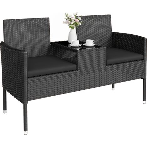 Banc d’extérieur 2 places noir avec table basse, en acier et rotin PE, 137 x 59 x 82 cm (1/5)