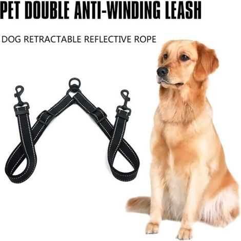Coupleur de double laisse Dispositif de separer en nylon resistant robuste reglable pour deux gros chiens (1/4)