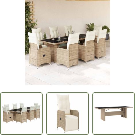 Gartentisch - 9-tlg. Garten-Bistro-Set mit Kissen Beige Poly Rattan (1/5)
