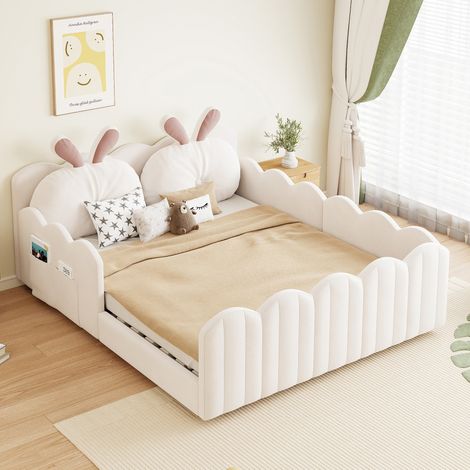 Letto a piattaforma imbottito 140x200 Beige con cuscino a forma di coniglio (1/5)