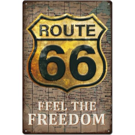 Plaque Metal Vintage Route 66 Plaque Decorative Metal Doré Panneaux en Métal Feel The Freedom Panneaux et Plaques Rétro Plaque Vintage Metal Doré Plaque Murale Decorative Vintage Decoration (1/5)