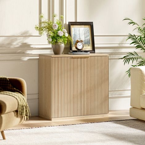 Armoire de rangement moderne avec façade repliable et poignée métallique – Buffet multifonctionnel pour salon ou chambre, finition bois clair naturel (type chêne), dimensions 60 × 30 × 70 cm