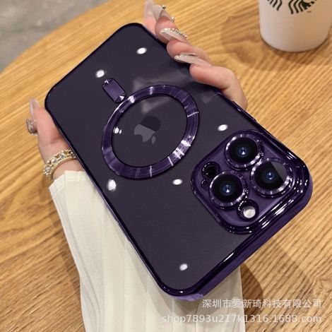 Étui magnétique transparent pour iPhone 17 Pro, plaqué électrolytique, violet foncé, avec protection d'objectif souple.