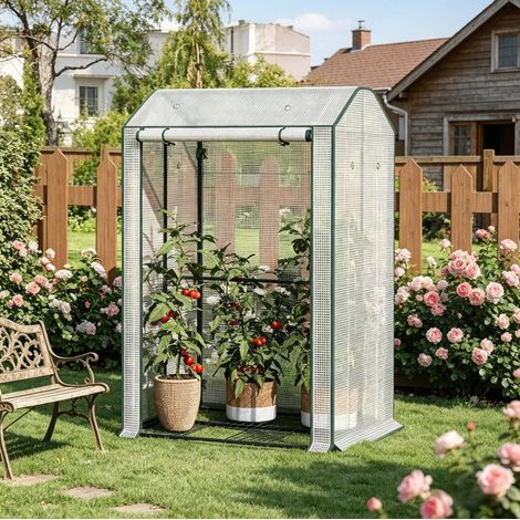 Serra da giardino 100x83x150 cm bianca in polietilene e acciaio con porta avvolgibile e 6 aperture di ventilazione (1/5)