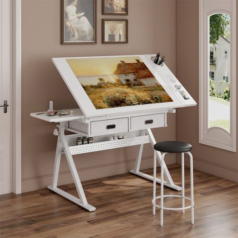 Bureau de Dessin Inclinable avec Tabouret - 98x60x91 cm - Table à Dessin Professionnelle Ajustable avec 2 Tiroirs - Blanc (1/5)