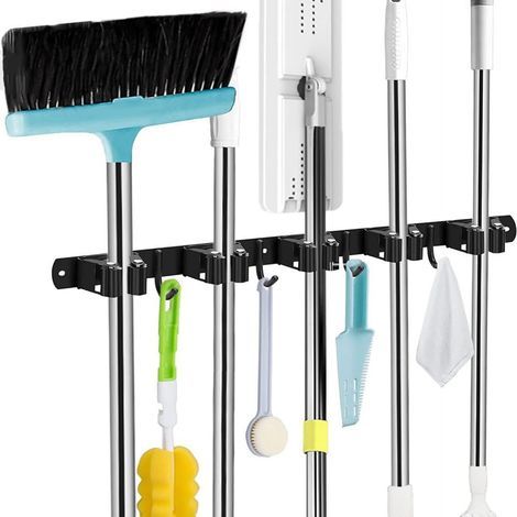 Accroche balai mural en acier inoxydable 304 – 5 supports antidérapants – Installation facile sans perçage – Rangement efficace pour outils (1/5)