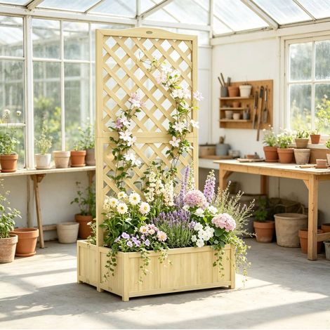 Jardinera doble plegable de madera con enrejado para trepadoras 73 x 70 x 170 cm (1/5)