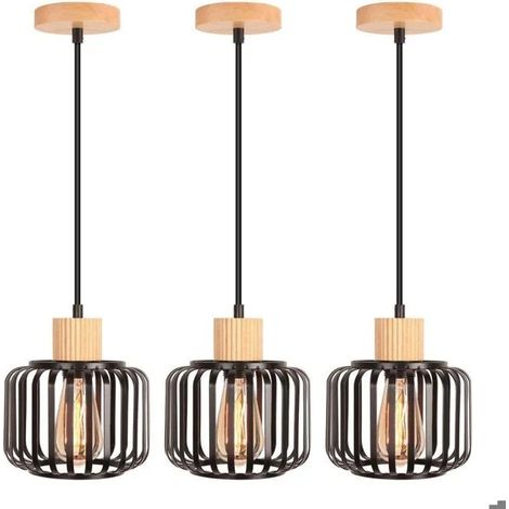Suspension Luminaire - - Rétro - Métal et Bois - 3 Ampoules - 60W Max (1/5)