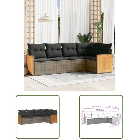 The Living Store Salon de jardin 5 pcs avec coussins gris résine tressée - Ensemble Salon De Jardin - Meuble De Jardin - Résine Tressée - Rotin Synthétique - Mobilier Extérieur (1/3)