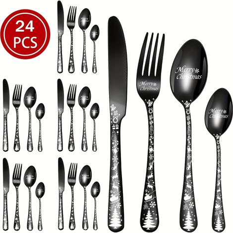 16pièces-24pièces Merry Christmas Ensemble de couverts en acier inoxydable - Comprend un couteau à dîner, une fourchette, une cuillère et une cuillère (1/5)