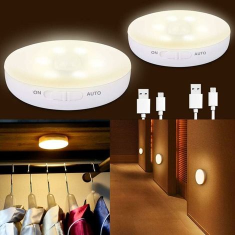 2er-Pack LED-Nachtlicht für Kinder mit Bewegungssensor und Lichtsensor, per USB wiederaufladbare selbstklebende Wand-Nachtlampe für Babyzimmer, Wohnzimmer, Badezimmer, Flur, Schrank