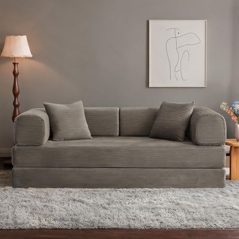 Canapé-lit 2 places en tissu taupe avec matelas 17 cm en foam (1/5)