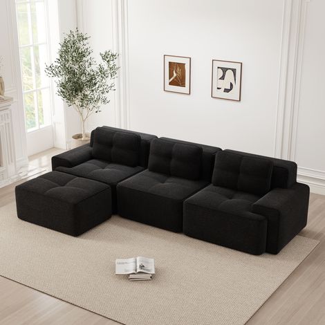 Divano angolare senza montaggio, divano modulare moderno in velluto a coste con 3 cuscini e 1 pouf, divano 3 posti trasformabile per soggiorno, nero