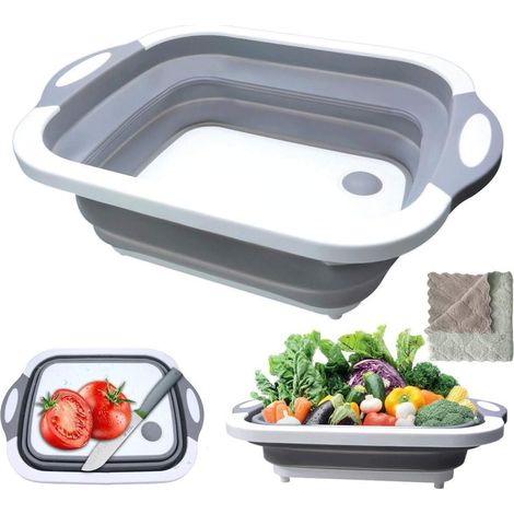 Tagliere multifunzione pieghevole 3 in 1, cestello per tritare, cestello portaoggetti, scolapiatti con tappo di scarico e asciugamano per cucina e viaggi (grigio) (1/5)