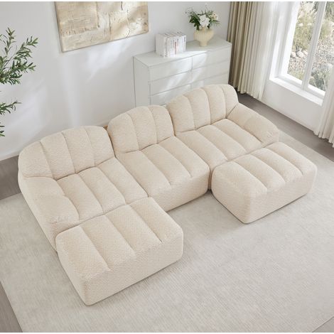 Divano modulare a U 3 posti con 2 ottomane, schiuma 32D, tessuto morbido beige bianco (1/5)