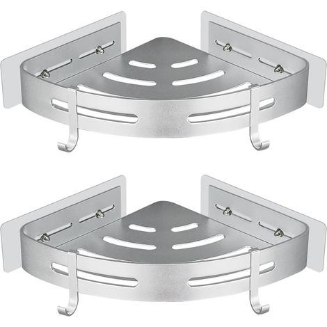 Eck-Duschregal ohne Bohren, selbstklebendes Dusch-Aufbewahrungsregal, Eck-Badezimmer-Aufbewahrungsregal, silbernes Aluminium-Wandregal, 2 Stück Duschgel-Shampoo-Halter