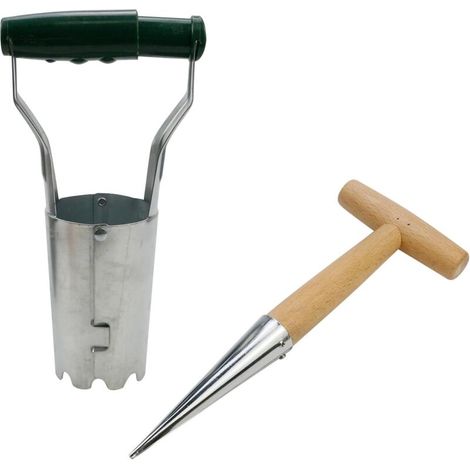 Planteur à bulbes 1 + 1 avec repère de profondeur et bâtonnet de plantation en T, idéal pour planter et déterrer les bulbes, argent et vert - RAPANDA (1/5)