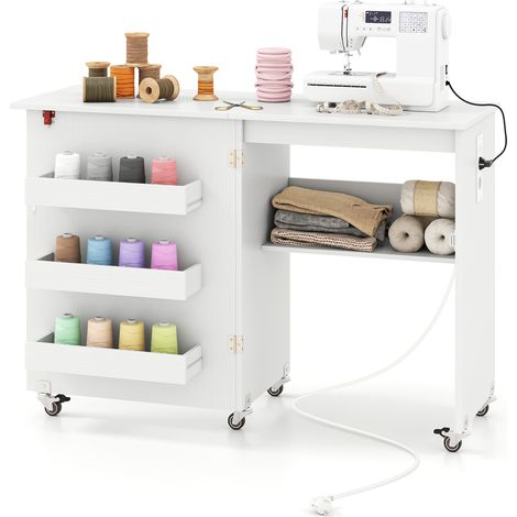 Bureau Pliante avec Station de Charge, Table de Couture Pliable avec Étagère et Tiroirs, Armoire à Roulettes Verrouillables, 116 x 41 x 78 cm, Blanc