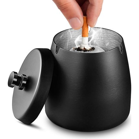 Cendrier extérieur coupe-vent en céramique noire. Couvercle inclus, design rétro pour maison et bureau. (1/5)