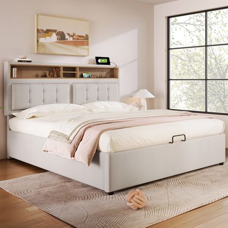 Cama tapizada moderna 160x200 cm en lino beige con cabecero regulable, USB/Type-C, enchufes y arcón (1/5)