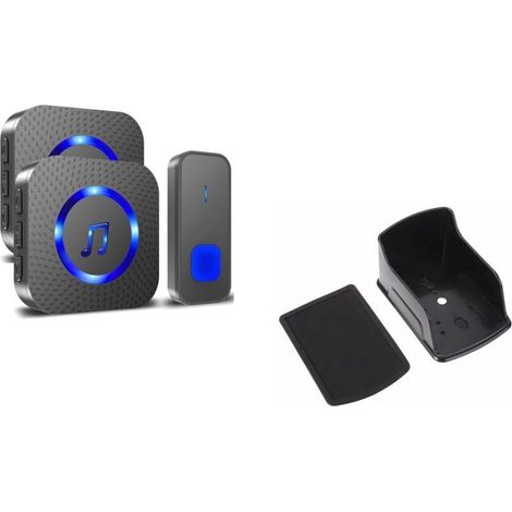 Sonnette sans Fil 300M Longue Portée Étanche Carillon Electronique 55 Mélodies 5 Niveaux Volume LED Bleu 1 émetteur + 2 récepteurs，Couvercle étanche pour bouton de sonnette sans fil