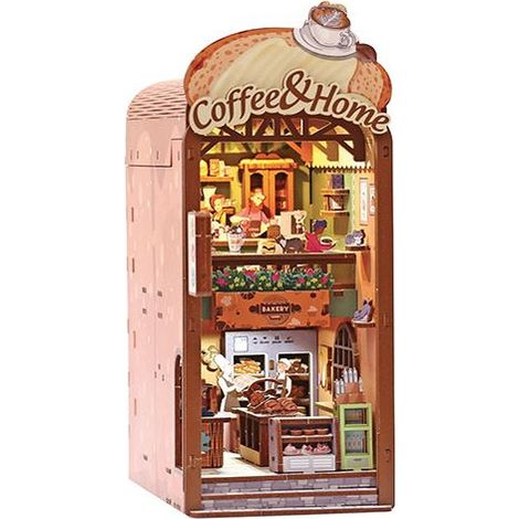Graine Creative Bausatz 3D-Holzmodell Cosy Coffee Book Nook mit LED, 213-teilig Bunt