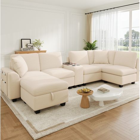 Canapé d'angle modulable 6-7 places 311x139x85 cm avec coffre de rangement, console USB Type-C et tissu chenille - beige (1/5)