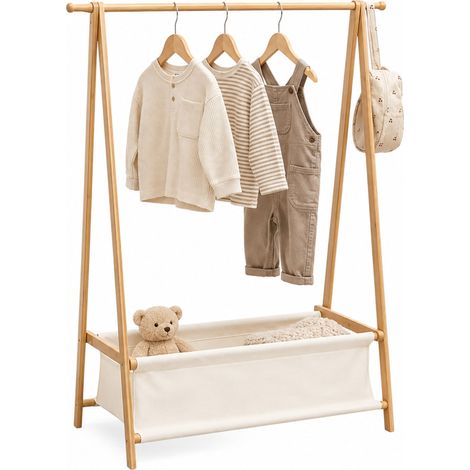 Relaxdays Kids Clothes Rail Bamboo, HxWxD 106 x 86 x 36 cm, fabric basket, coat rail, children's wardrobe, natural/white (1/5)