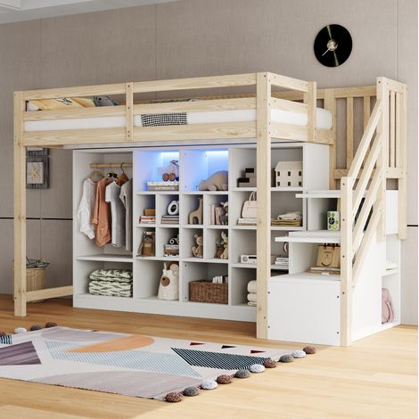 Lit mezzanine 90/200 cm blanc et bois naturel en bois avec rangements intégrés et éclairage (1/5)