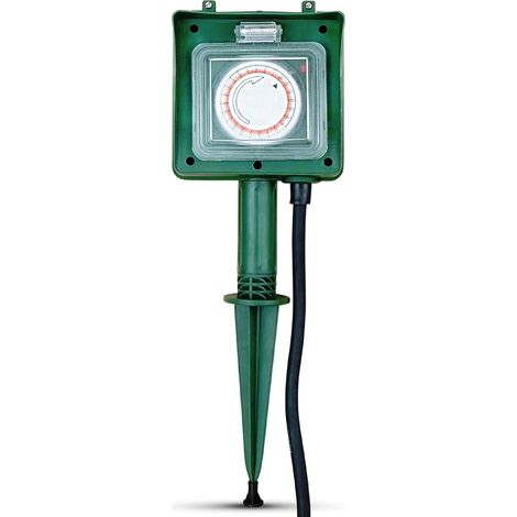Prise de jardin 2 prises – Prise extérieure avec minuterie – Multiprise – IP44 – Avec piquet – Longueur du câble 2 m – Vert (1/5)