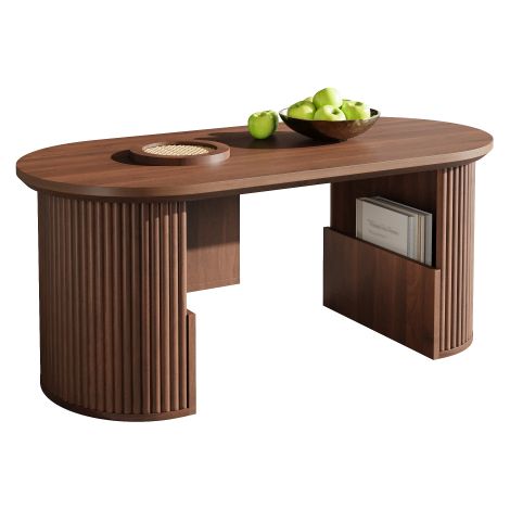 Table basse moderne de style rétro, table basse en noyer avec texture verticale, dimensions : 105 cm (longueur) x 50 cm (largeur) x 46,5 cm (hauteur). (1/3)