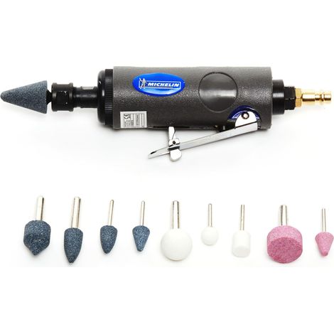 Coffret Meuleuse Droite - 10 Meules - 2 Mandrins - 2 Clés de Serrage - Consommation d'Air : 150-170 l/min - Pression d'Utilisation : 6 bar - Vitesse élevée de 25 000 tr/min (1/5)