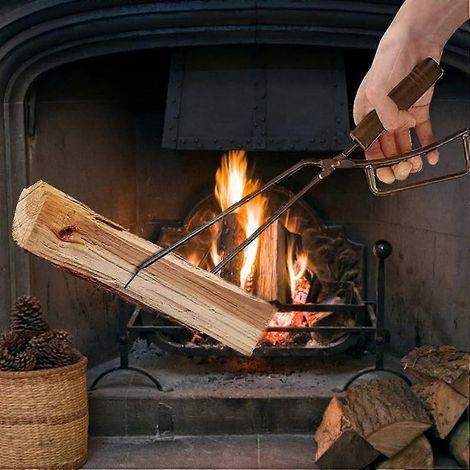 Pince à bois de chauffage 40 cm robuste accessoires de cheminée couverts pince à bois anti-brûlure long support pour feux de camp et cheminées (1/4)
